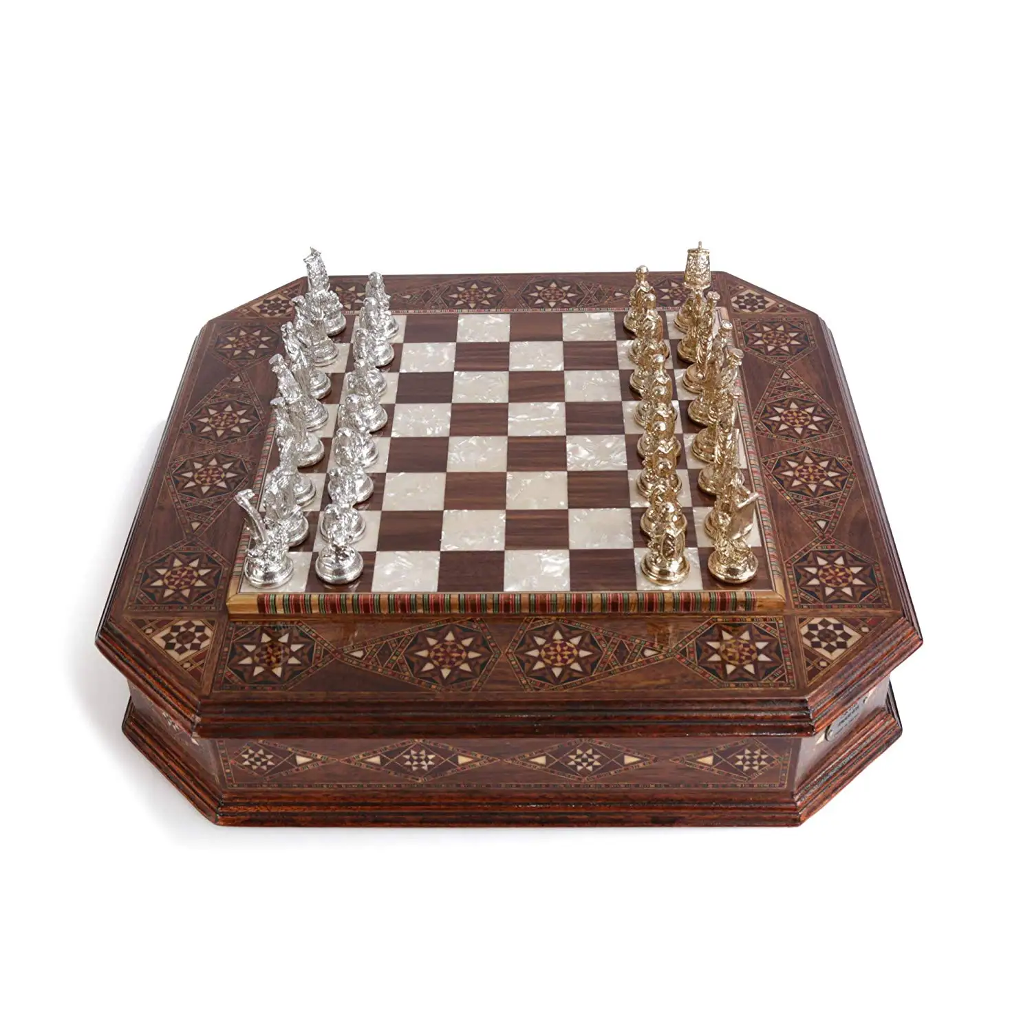 US $444.90 Historical Troy Figures Metal Chess Set for Adult Handmade Pieces Octagon Natural Solid Wooden Chess Board Storage Inside