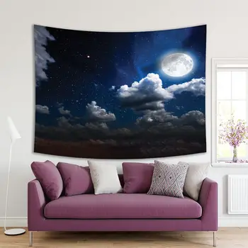 

Tapestry Night Sky with Glowing Stars Full Moon and Clouds Magical Space Galaxy Moonlight Scenery Blue White