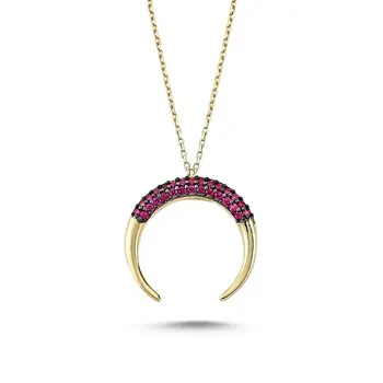 

Angemiel 925 Silver Pink Zircon Cubic Zirconia Reverse Crescent Necklace-Gold Plated