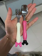 Juego de tenedor cuchara de seguridad de acero inoxidable para bebé, 2 uds., cubiertos de alimentación para niños pequeños, ratón de dibujos animados, vajilla MBG0359