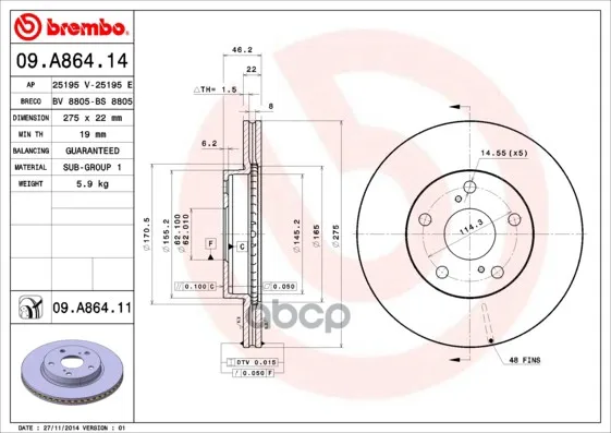 Диск Тормозной Передн Toyota: Altis Седан 07-, Auris 06-, Corolla Седан 01- Brembo арт. 09.A864.14