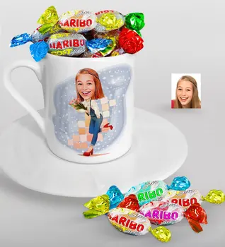 

Personalized Women 'S Caricature Of Turkish Coffee cup And Haribo Candy Gift Seti-13