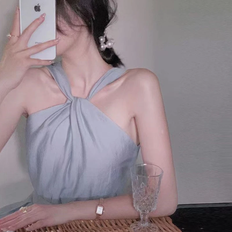 

Elegant Women Summer Halter Dress Ladies Strap Solid Vintage Strapless Korean Clothing Robe Vestidos Sexy Fashion Waist Design