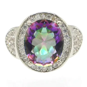 

20x15mm SheCrown Luxury Created Fire Rainbow Mystic Topaz CZ Gift For Sister Wedding Silver Rings
