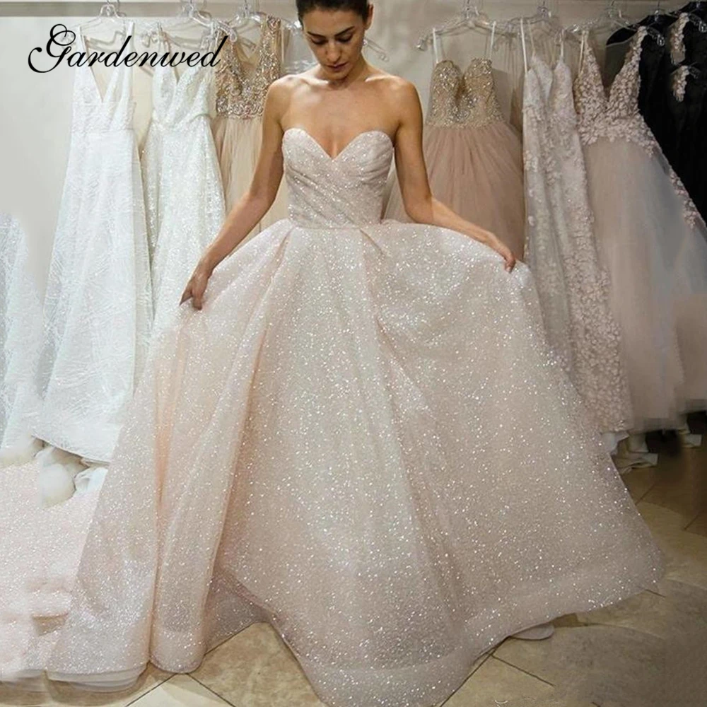 

Glitter Wedding Dress 2020 Shiny A Line Bride Dress Off Shoulder Sparkly Bride Gowns Zipper Back