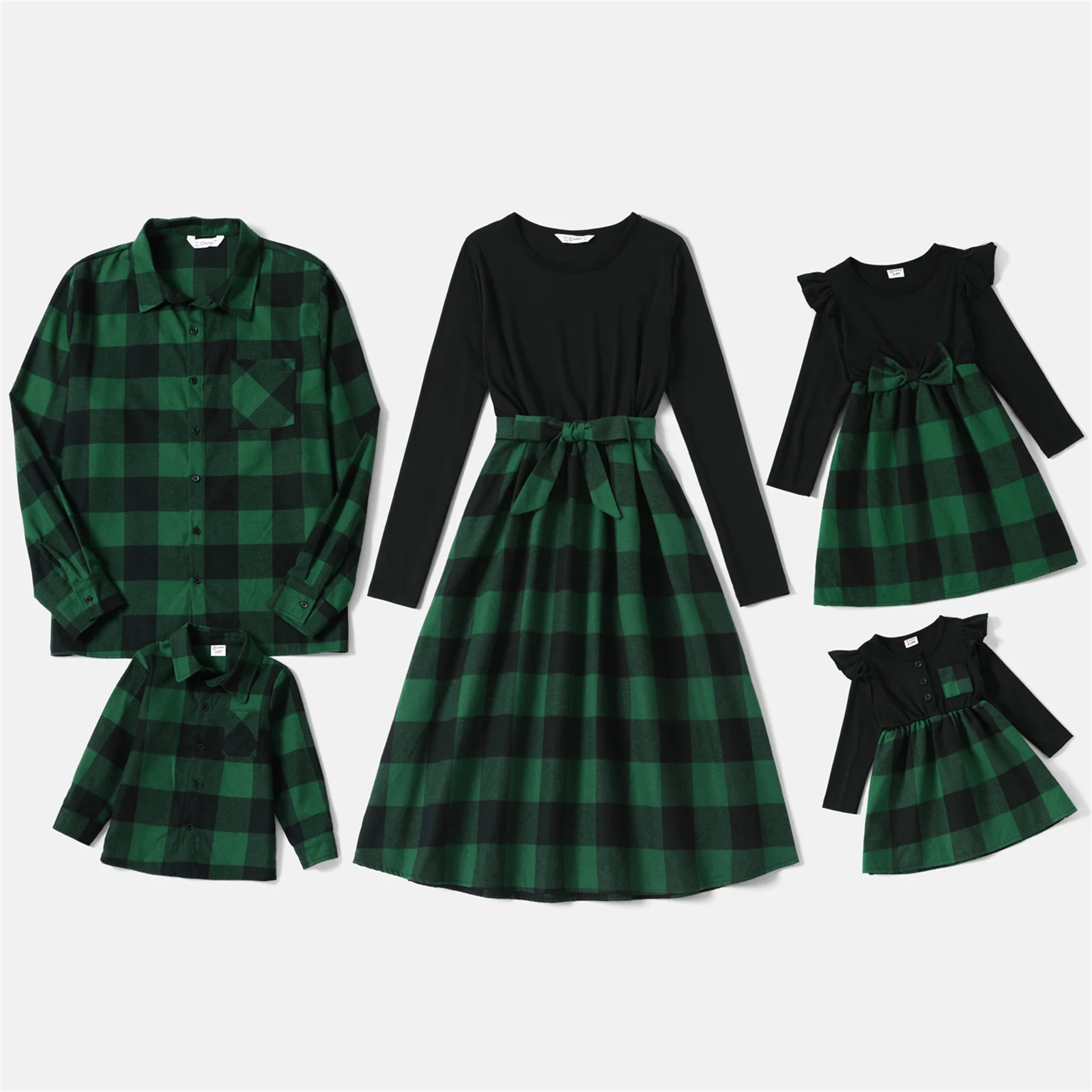 PatPat Family Matching Outfits Plaid Long-sleeve Splicing Belted Midi Dresses and Shirts Sets for Family Couple Outfit