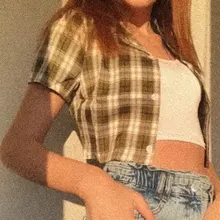 Crop Shirt Button-Up Summer Blouse Ladies Tops Streetwear Plaid Vintage Elegant Women