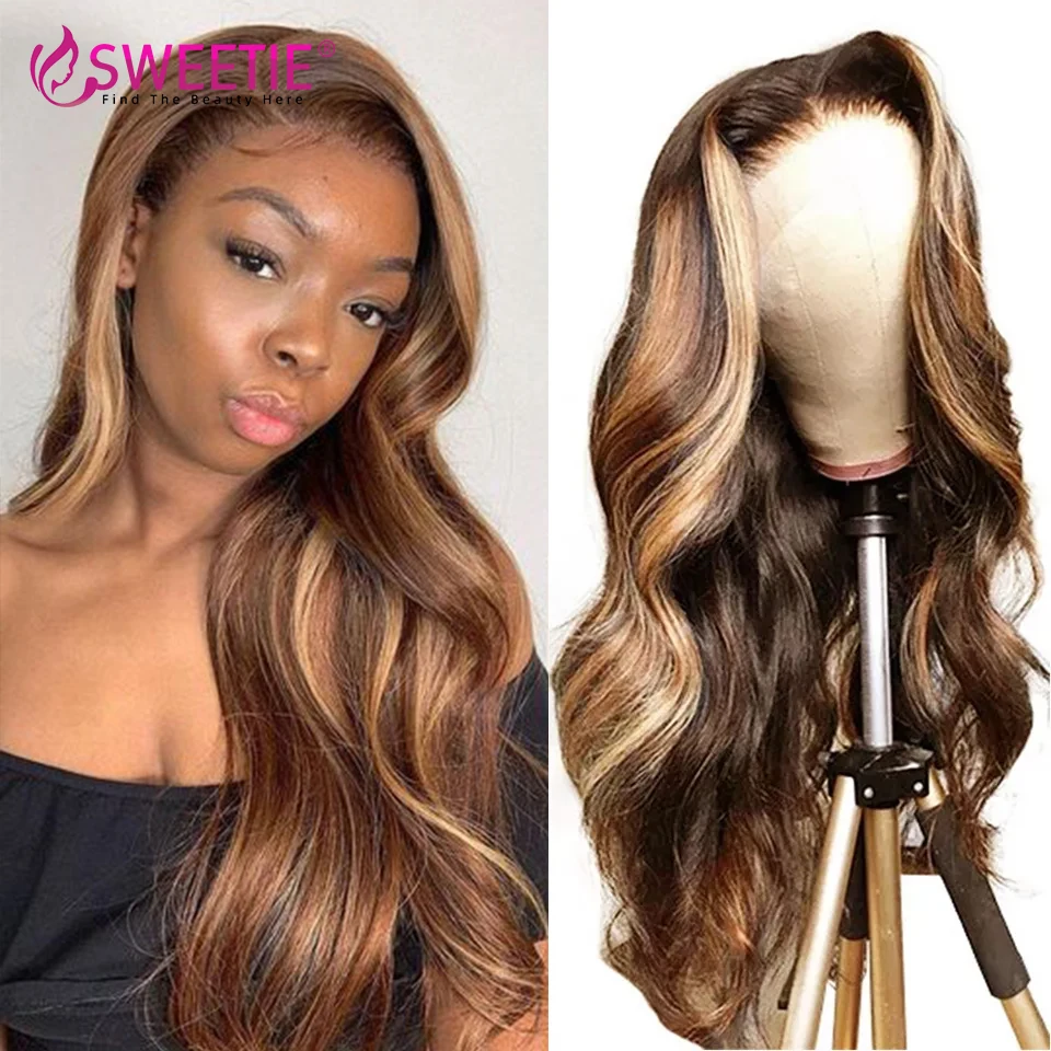 

30 Inch Highlight Body Wave Wig 13x4 Transparent Lace Front Human Hair Wig P4 27 Ombre Honey Blonde Brazilian Lace Front Wig