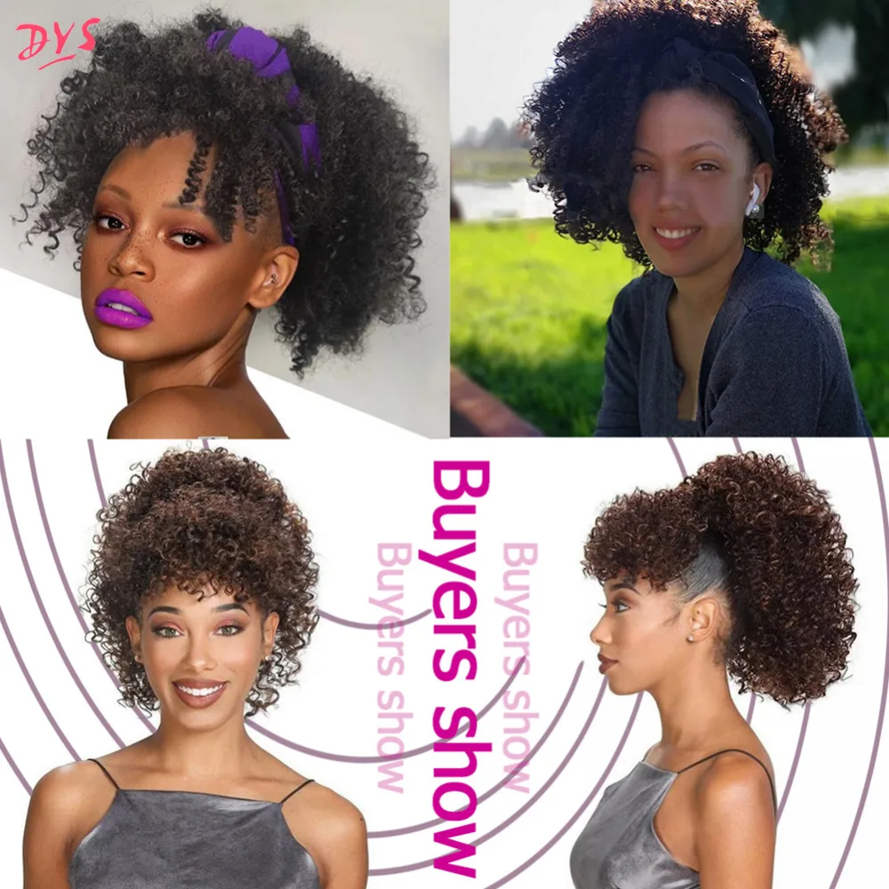 7Deyngs Drawstring Puff Afro Kinky Curly ponytail With Bangs African American Short Wrap Synthetic clip in ponytail Hair Extensions 10inch