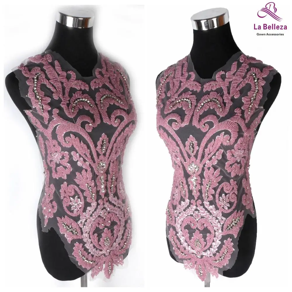 

La Belleza Pink/black beaded beautiful large piece handmade pearls crystal Rhinestone patch wedding dress applique accessories