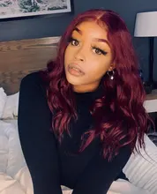 Peluca ondulada de cuerpo malayo transparente para mujeres negras, 99J, rojo borgoña, pelucas de cabello humano prearrancado, 180% de cabello Remy, peluca de encaje Frontal