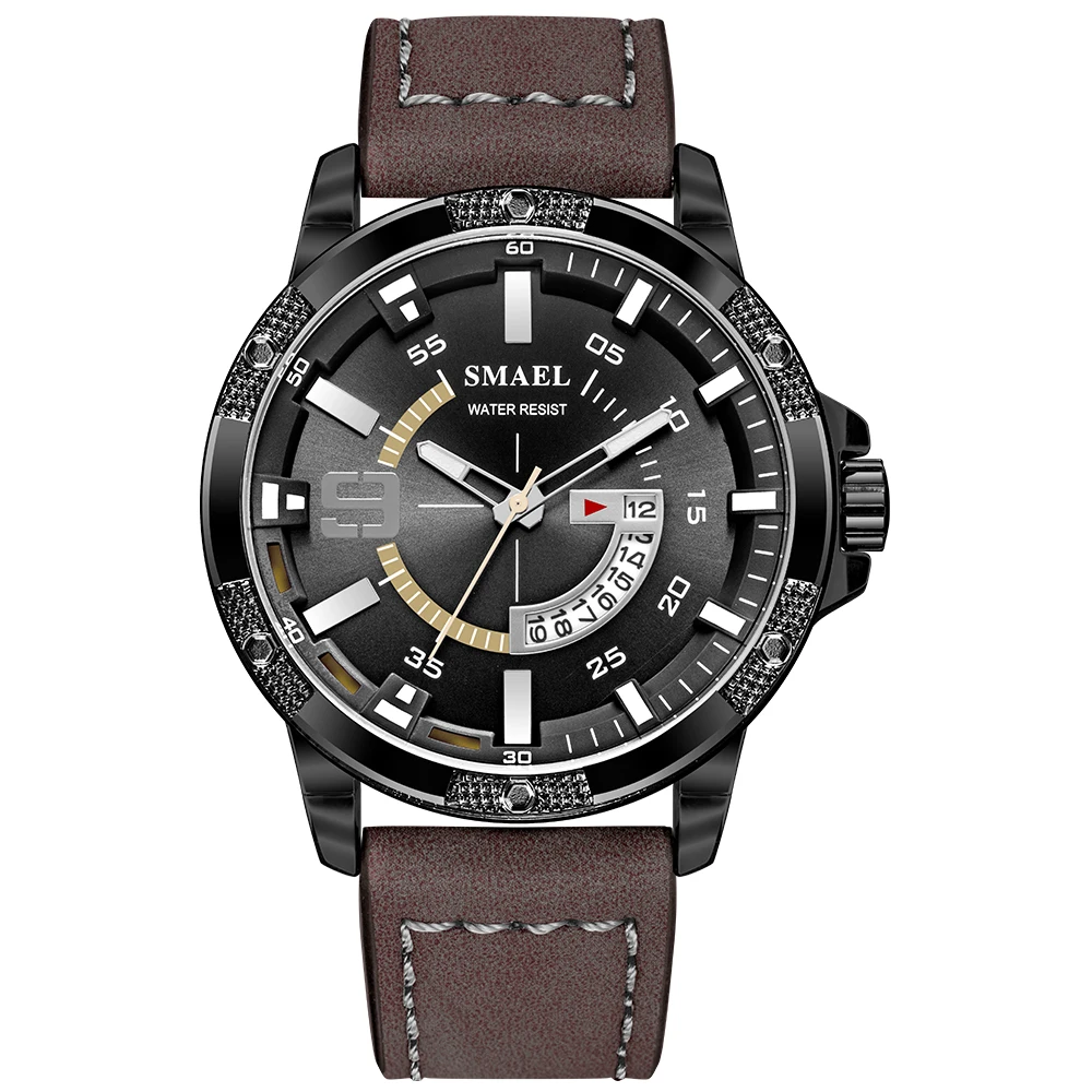 SMAEL повседневные спортивные часы для мужчин Топ бренд класса люкс кожаный ремень водонепроницаемые часы мужские часы Мода Большой циферблат Дата наручные часы 9100 - Цвет: Кофе