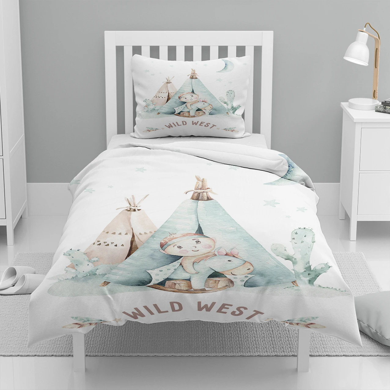 

Else 4 Pcs Litle Horse Green Brown Tent Wild West Print Cotton Satin Chidren Kids Duvet Cover Bedding Set Pillow Case Bed Sheet