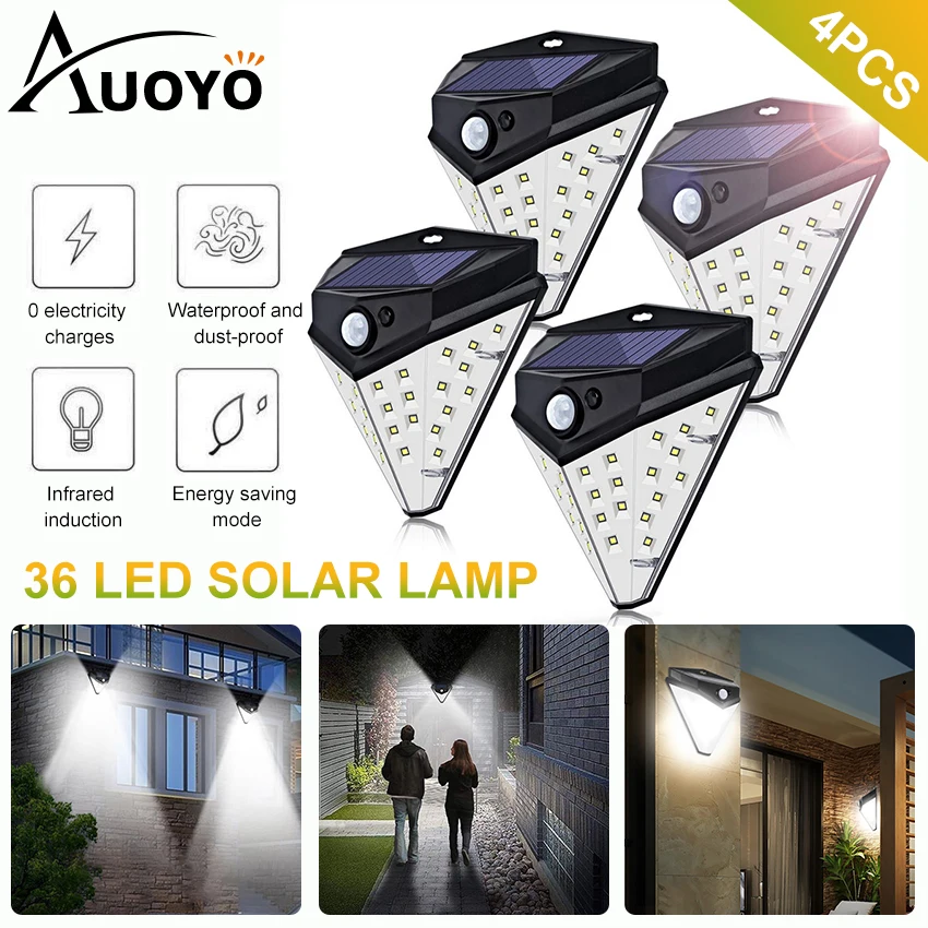 

Auoyo 36 LED Solar Lights Outdoor Lighting Wireless Sensor Lamp of 4 Sides with Wide Lighting Area Waterproof Security