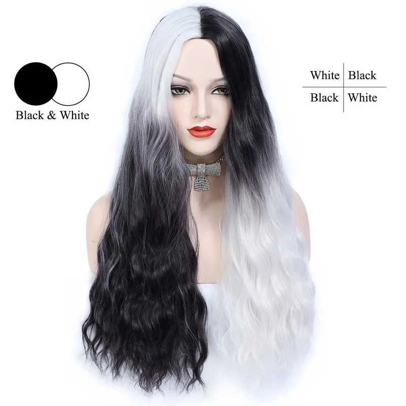 Long Wavy Curly Wigs for Women Ombre Black and White Synthetic Heat Resistant Hair Wig Goth Wig for Cosplay Party Halloween