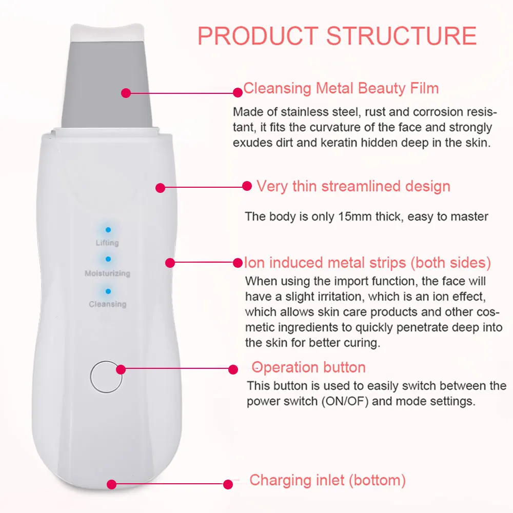 Ultrasonic Skin Scrubber Deep Face Cleaning Machine Peeling Shovel Facial Pore Cleaner Skin Scrubbe