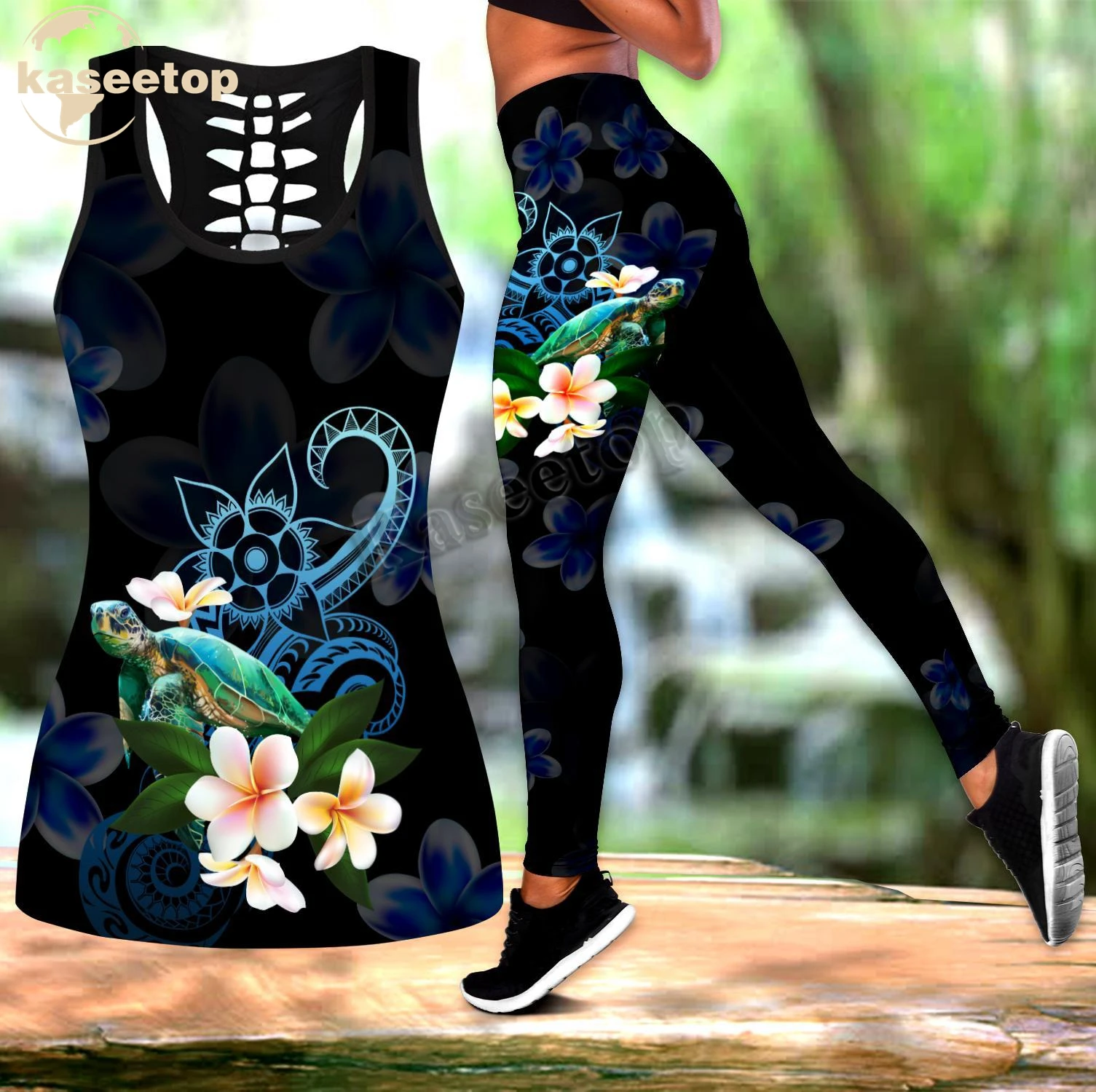 

Polynesian Turtle With Plumeria Tank Top Outfit Yoga Set Women 3D Print Vest Hollow Out Hollow Tank &Legging Outfit Summer LK202