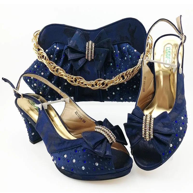 

2019 New arrival navy blue color shoes and bag matching set for african aso ebi wedding party SB8414-3