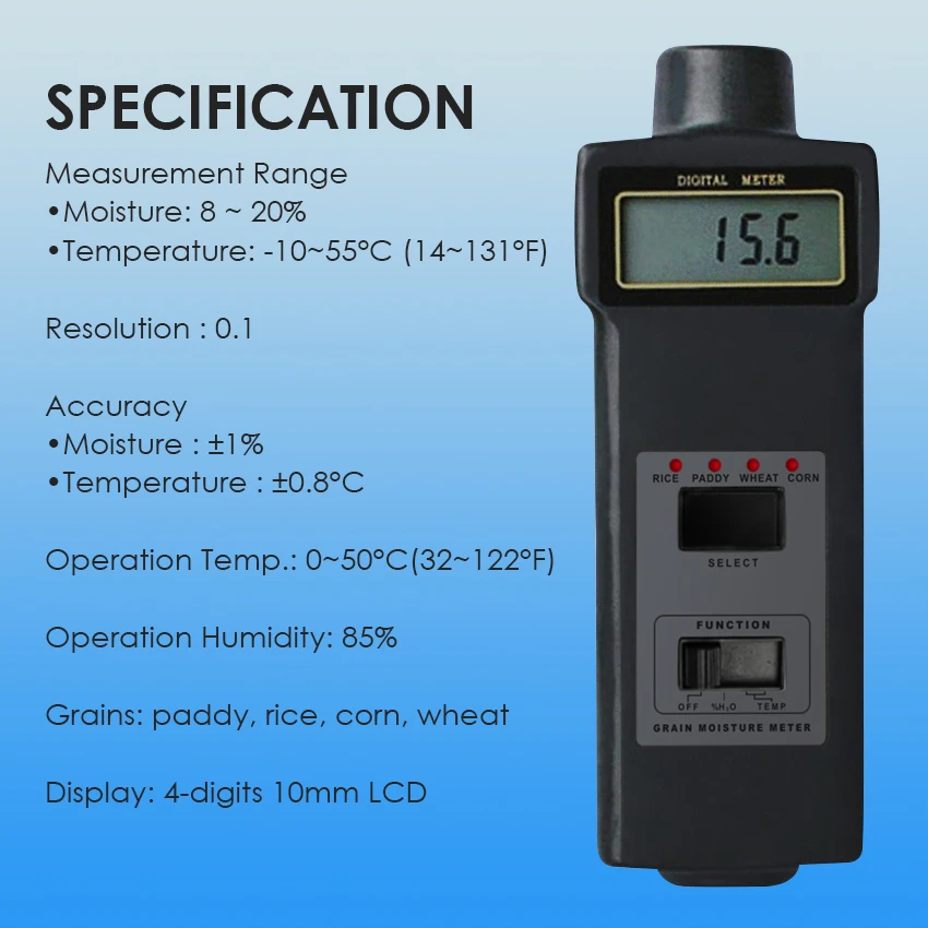 Портативный цифровой зерна Температура 8~ 20% Измеритель влажности тестер рис, кукуруза, пшеница+ удлиненные 2-контактный зонд