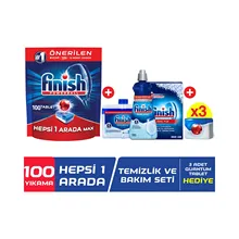 Finish Alle-in-One Spülmaschine Waschmittel 100 Tabletten + Reinigung und Pflege Set + 3 Quantum Tabletten