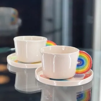 

Rainbow Figured Cup and saucer Espresso Turkish coffee creative mugs white ceramic tea stylish new style cute lovely handmade