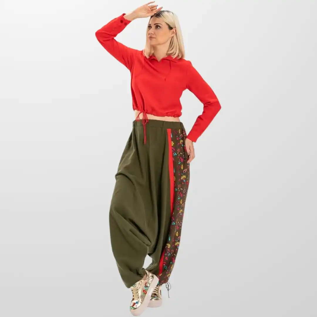 Khaki Green Color Garnished Flannel Harem Pants For Women Baggy 2022 New Fashion Casual Bottom Wear Shalwar hand embroidered collar tassel detail woven flannel fabric short thick winter dress 2022 new fashion women s clothing 6 colors