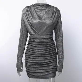 

2019 Autumn New Women'S Long-Sleeved Blet Drape Mini Dress Bodycon Club Party Dress Wholesale Vestidos