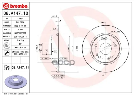 Диск Тормозной Задн Honda: Civic Viii Hatchback 05-, Civic Viii Седан 05- Brembo арт. 08.A147.10