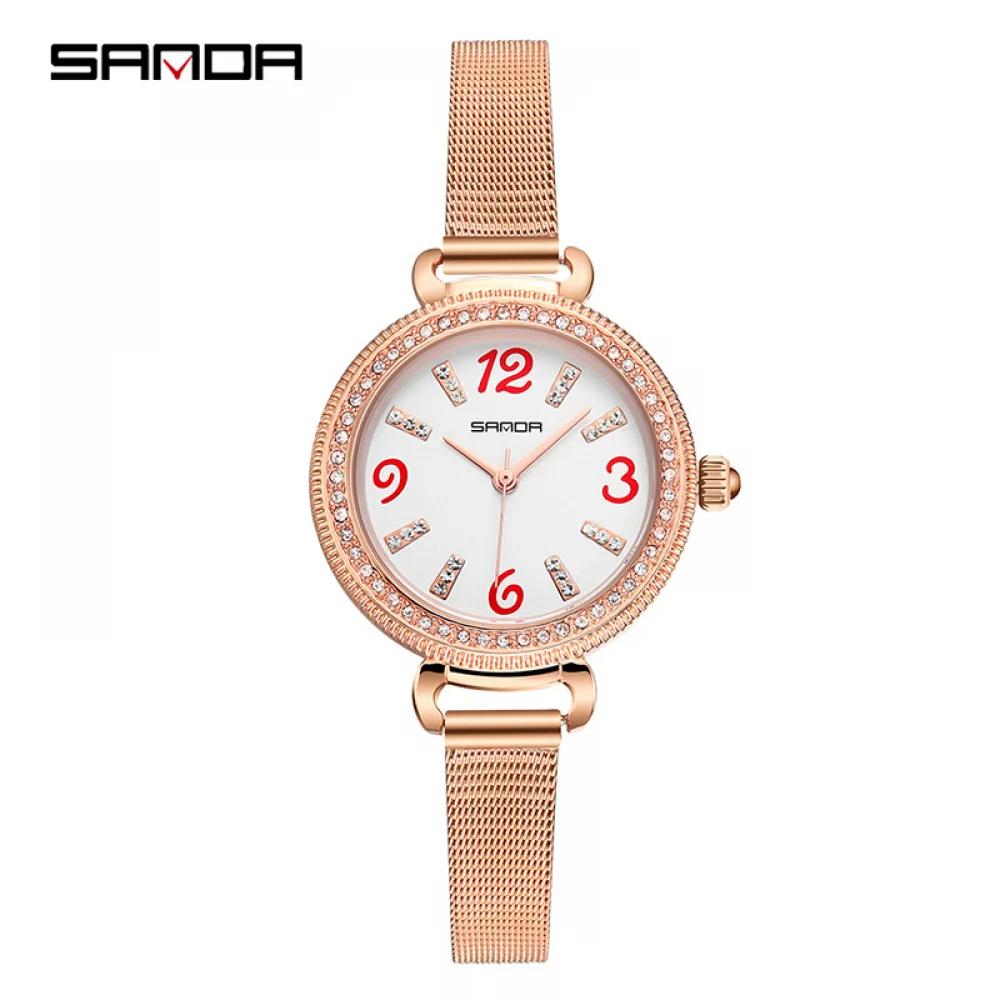 

SANDA Watch Fashionble Women's Watches Diamond-Studded Small Dial Waterproof Watch Student Casual Mesh Strap Quartz Wristwatch