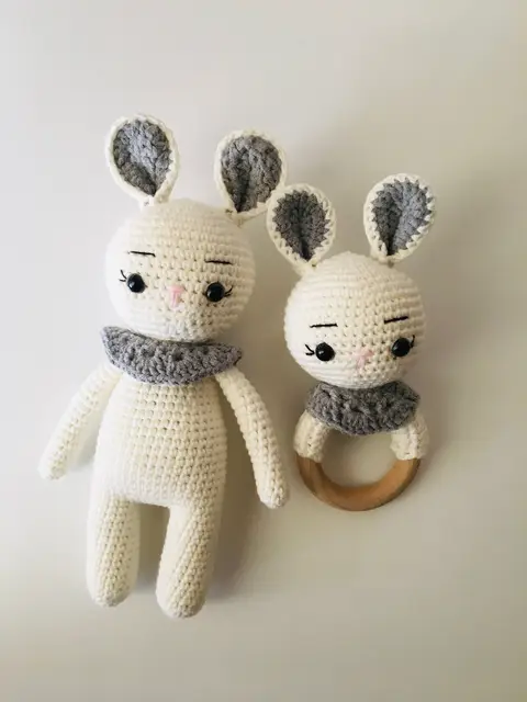 Crochet Rabbit Toy and Teether Set Amigurumi Toy Rabbit Handmade Stuffed Toy Rabbit Nursery Decor Handmade Toy