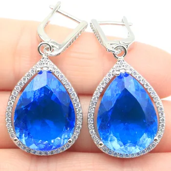 

43x19mm Big Drop Shape Gemstone Created Paris Blue Topaz White CZ Woman's Gift Silver Earrings