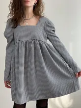 Plaid Dress Puff-Sleeve Square Collar Bclout Black White Sexy Vintage Autumn Casual Woman