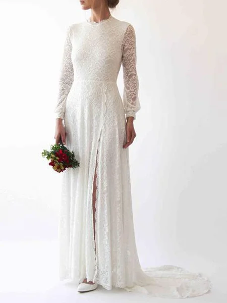 Eenvoudige Trouwjurk Lace Jewel Hals Lange Mouwen Split Voor Schede Met Train Bridal Jurken Eenvoudige Trouwjurk Lace Jewel Hals Lange Mouwen Split Voor Schede Met Train Bridal Jurken