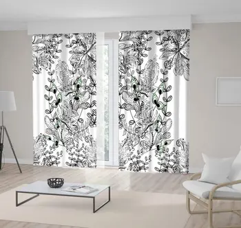 

Curtain Summer Garden Flowers Leaves Abstract Floral Pattern Doodle Style Monochrome Artwork White Black Green