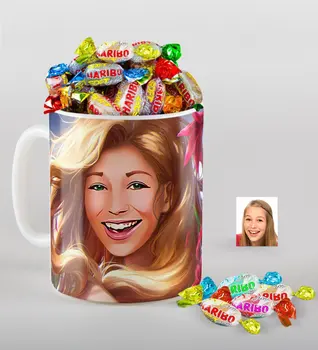 

Personalized Women 'S Caricature Of mug And Haribo Candy Gift Seti-44