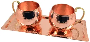 

CopperBull Thickest Heaviest Hammered 1 mm Copper Cup Mug Set with TRAY for Water Moscow Mule Ayurvedic Healing,20 Oz
