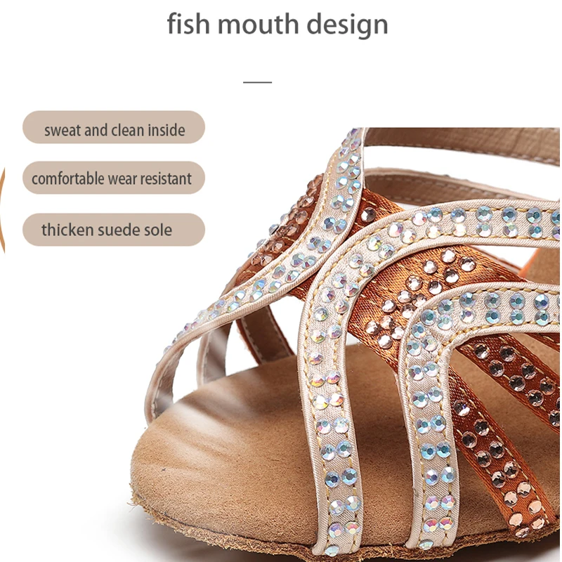 Woman Crystal Latin Dance Shoes Girls Suede Leather Performace Ballroom Dancing Shoes for Gilrs Nude Stain Silk Latino Shoes