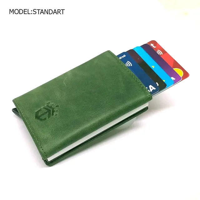 Smart Wallet Business Card Holder Real Cow Leather Handmade Smart Automatic Card Holder Men Gift Standart Green
