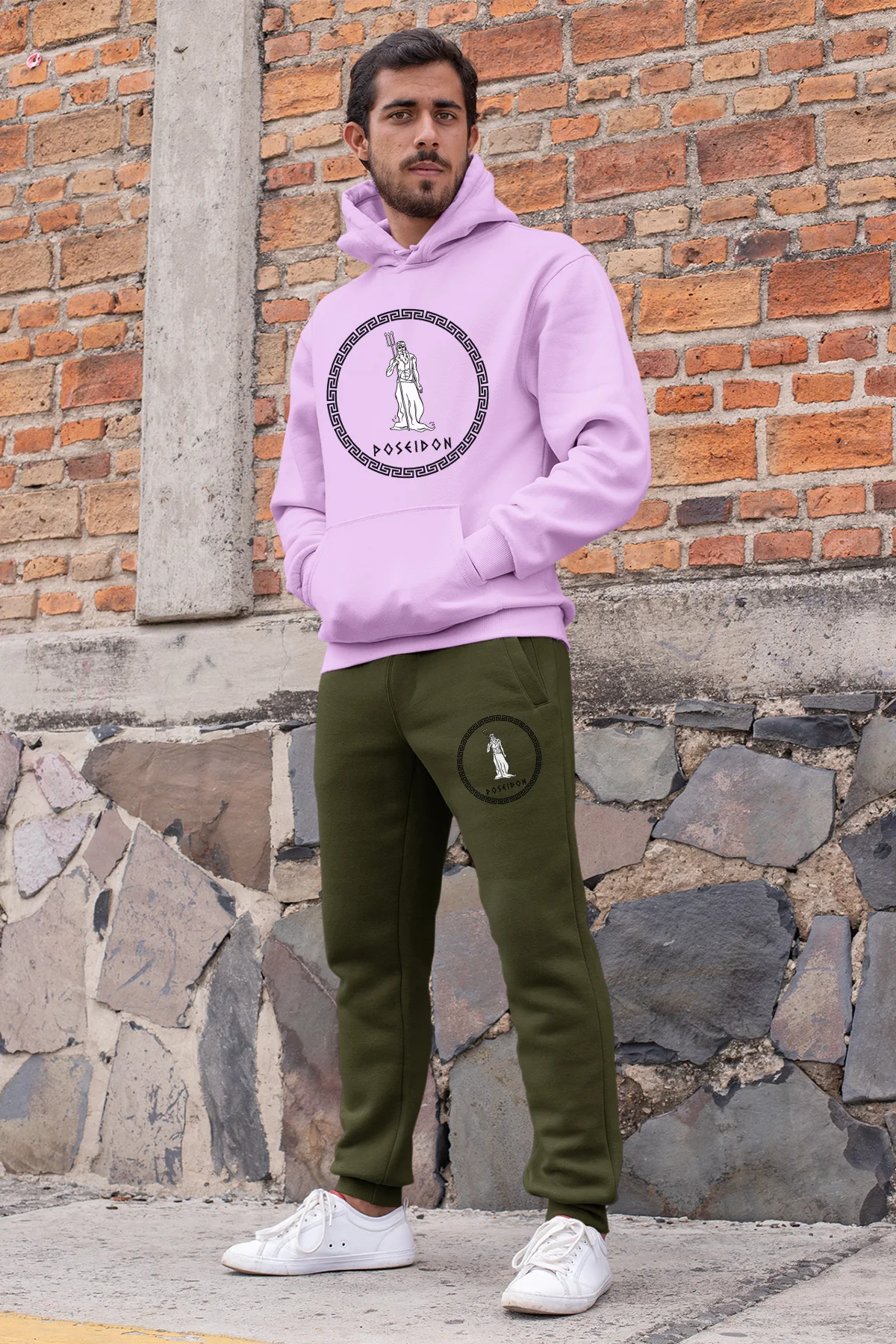 Angemiel Wear Greek God Poseidon Male Tracksuit Set Pink Hooded Sweatshirt Green Sweatpants | Мужская одежда