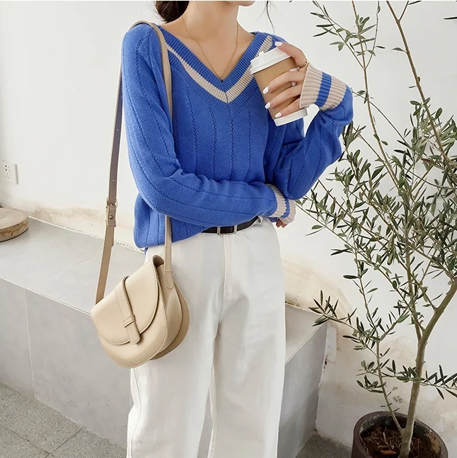 

Obrix Casual Style Light Sweet Female Sweater Spring Autumn Loose V-Neck Full Sleeve Trendy Pattern Pullover For Women