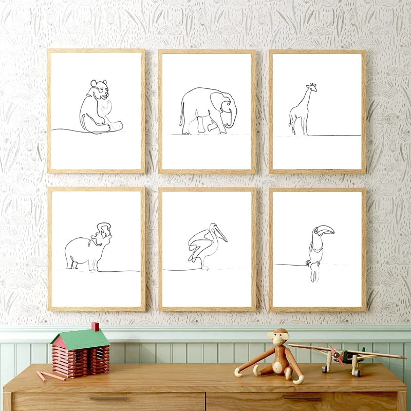 Prints Art & Collectibles Minimalistic Set of 5 Animal Line Art