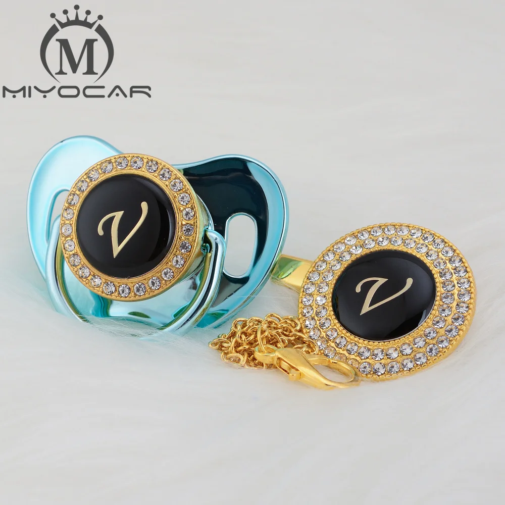 MIYOCAR имя инициалы Письмо V Элегантный Серебряный bling соски и клип BPA бесплатно пустышка bling уникальный дизайн SGS pass LV