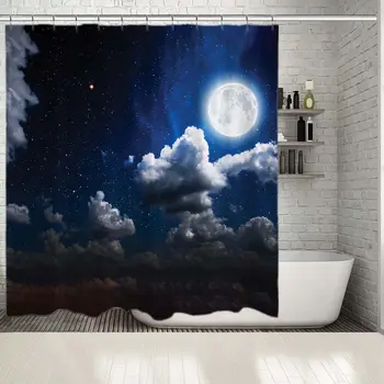 

Shower Curtain Night Sky with Glowing Stars Full Moon and Clouds Magical Space Galaxy Moonlight Scenery Blue White