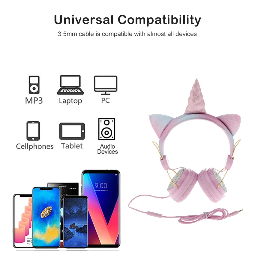 MiniBorn Children Headphones Wired Cute Unicorn Bass Foldable Headset Over the Ear Headphone Gaming Headset