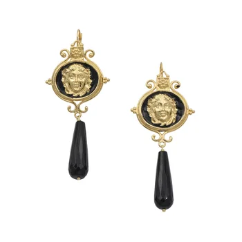 

Medusa silver earrings 925 Long with onyx and yellow gold plated