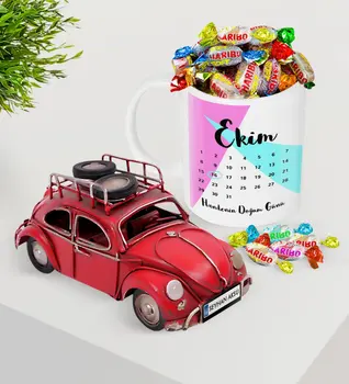 

Personalized Birthday Calendar Platter Nostalgic Red Metal Beetle and Mug Haribo Candy Set-4