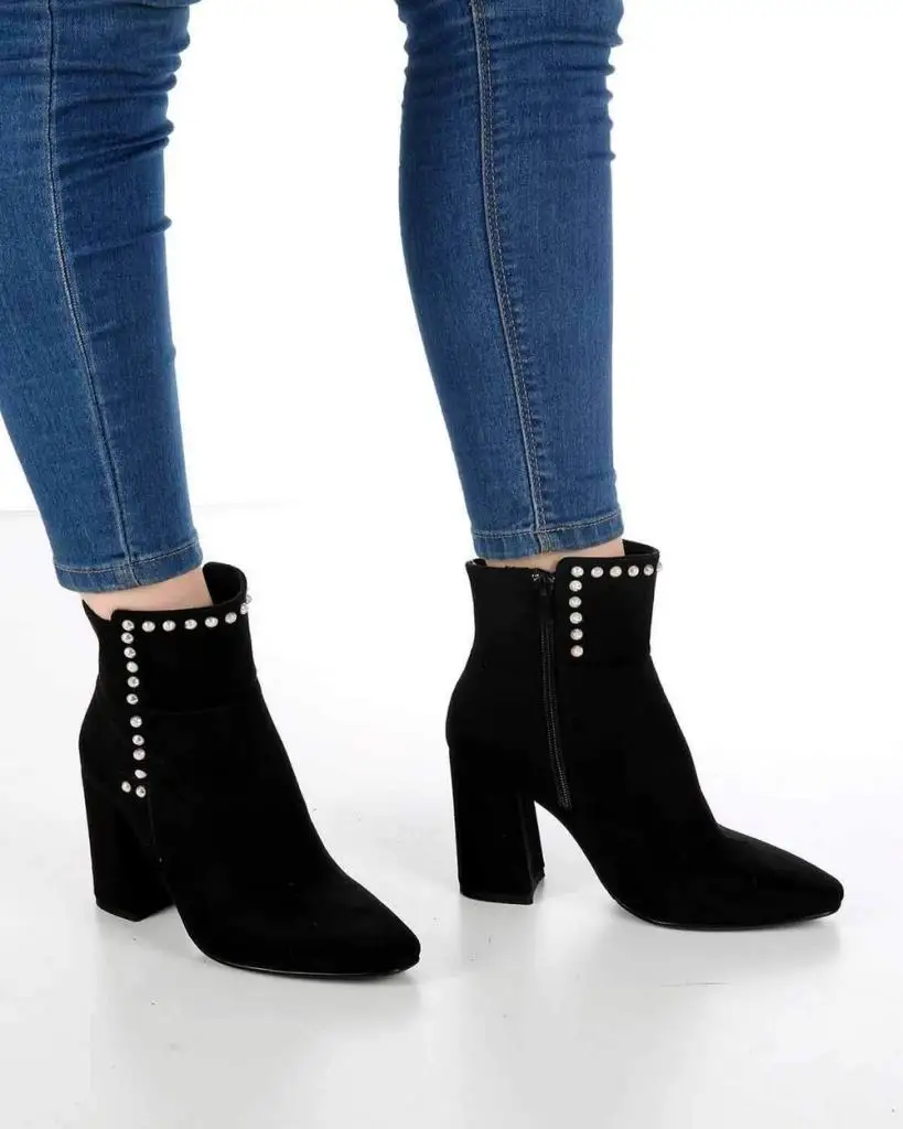 

Mosimoso Women's Ankle Height Boot Fraco Black Suede Stone Embroidered Zipper Women Boots