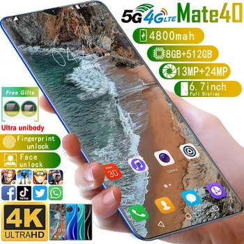 

Mate 40 Android 5G LET 8+512GB Mobile Phone 6.7"inch HD+ Full Display Smartphones MTK6799 10-Core 4800mAh Big capacity Cellphone