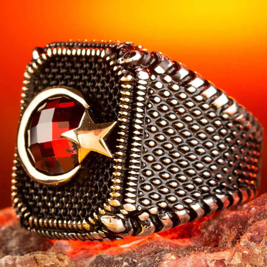 

Silver Crescent Star Mens Ring with Zircon Stone Fashion Turkish Premium Quality Handmade Jawelery