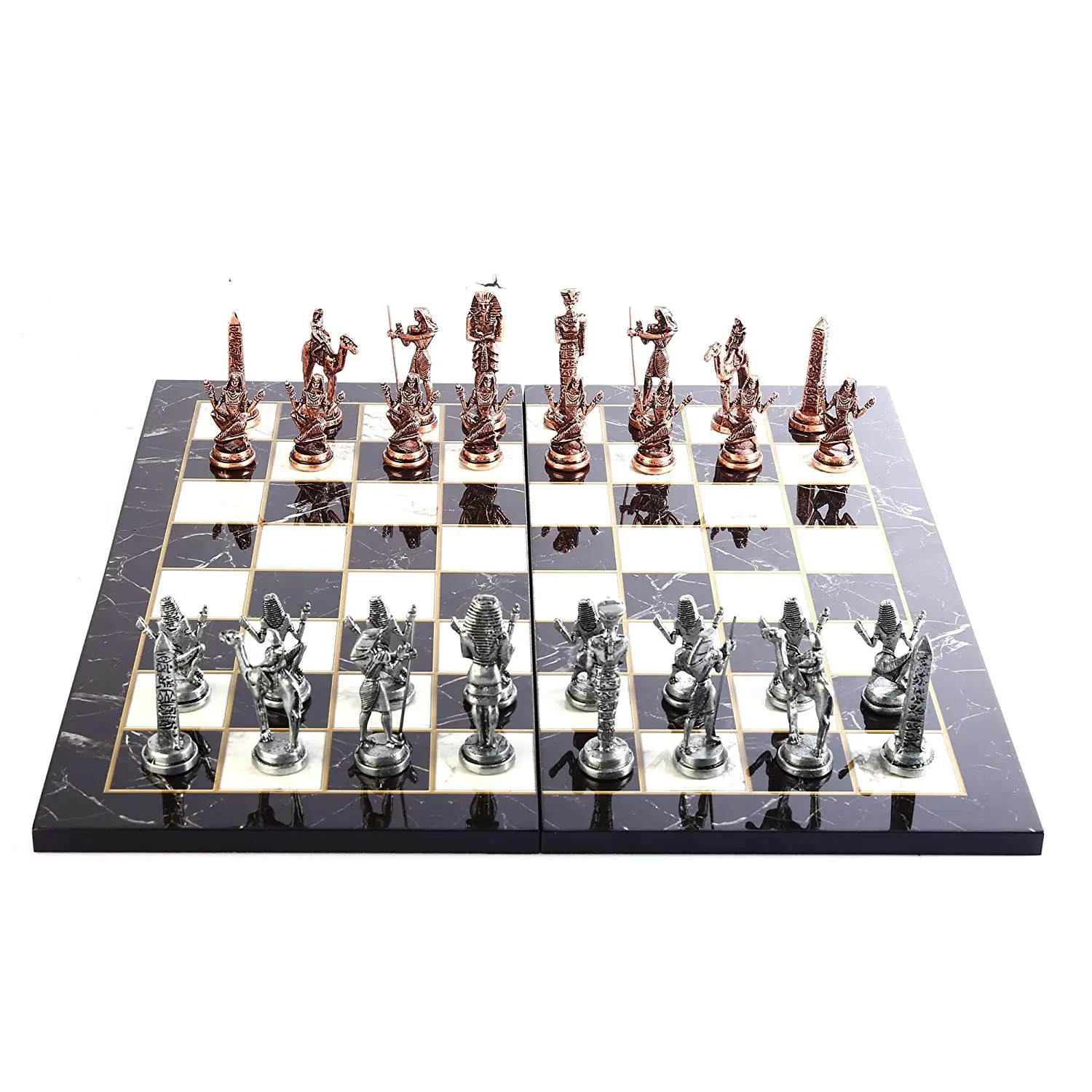 US $124.90 Ancient Egypt The Pharaoh Antique Copper Figures Metal Chess SetHandmade PiecesMarble Design Wood Chess Board King 9 cm